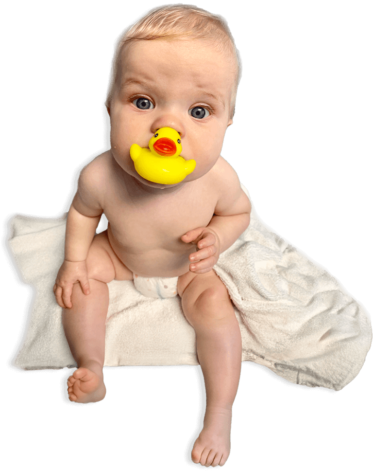 closeup of baby with ducky pacifier in his mouth